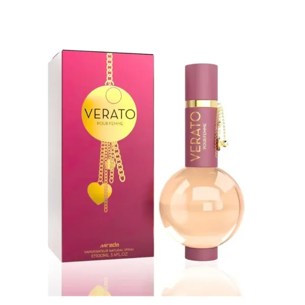 “VERATO women’s perfume with a pink box and gold accents, showcasing an elegant round bottle.”