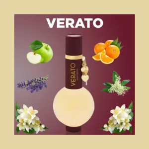 VERATO perfume bottle with gold charm, surrounded by fruits and flowers, on a brown gradient background.”
