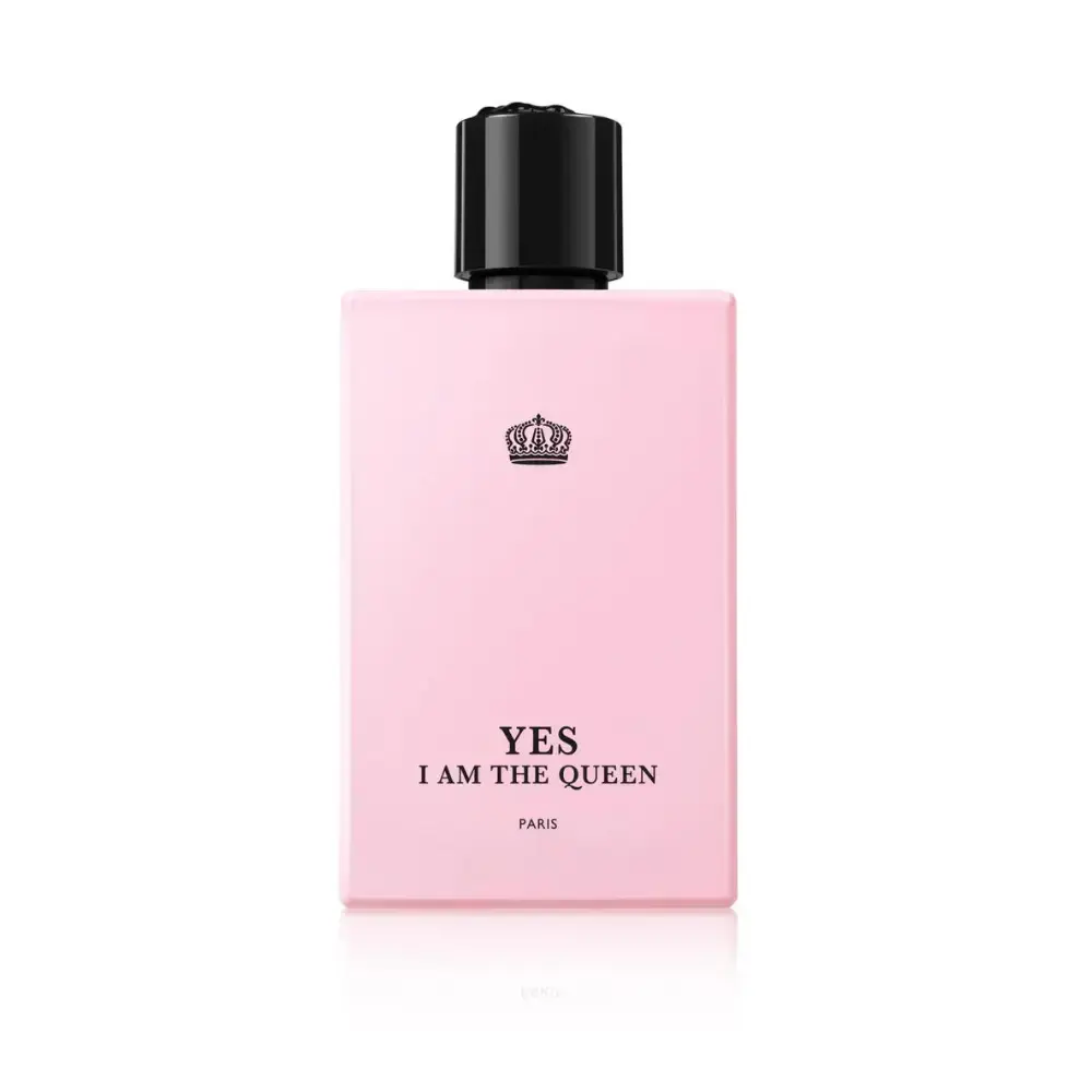 Flacon de parfum rose “YES I AM THE QUEEN”, élégance féminine.