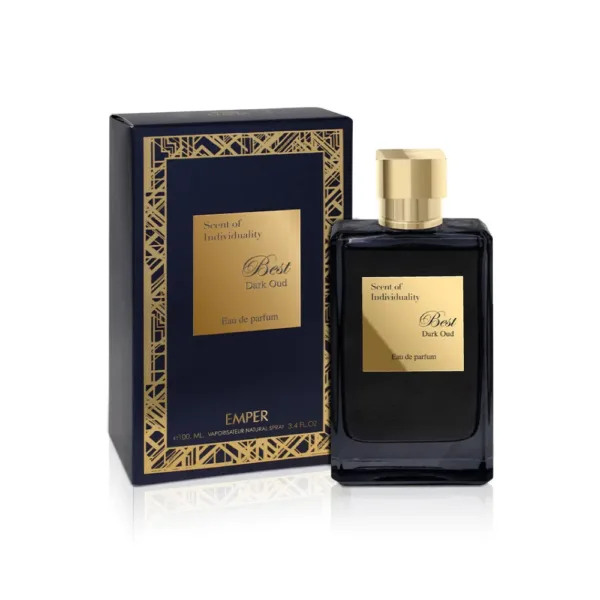 L'image montre une bouteille de parfum "Best Dark Oud" de 100 ml avec son emballage. Le design est élégant avec des accents dorés.