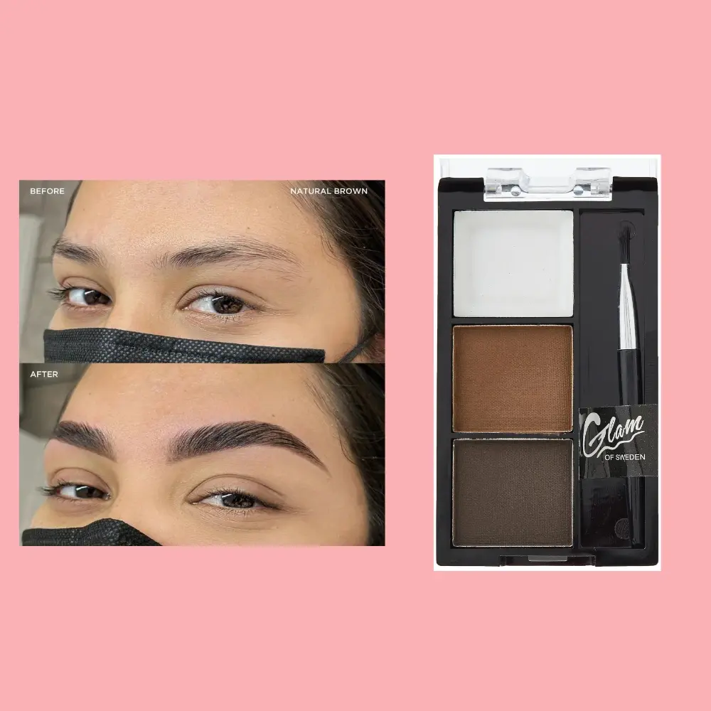 Avant et après l'utilisation d'un kit pour sourcils Glam of Sweden en teinte "Natural Brown". À gauche, une photo montre des sourcils plus clairsemés avant l'application, et en dessous, des sourcils définis et remplis après l'application du produit. À droite, une image du kit contenant deux nuances de poudre, une cire blanche et un pinceau.