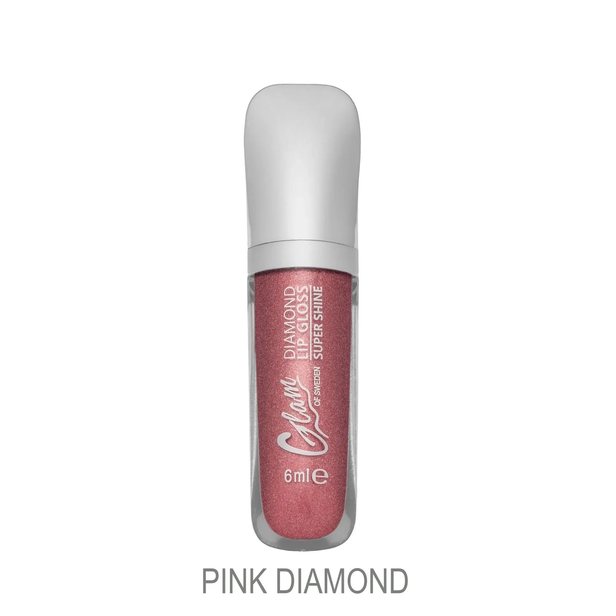 Lip Gloss Diamant Glam of Sweden, teinte Pink Diamond, 6 ml, brillance super éclatante, emballage transparent et bouchon blanc.