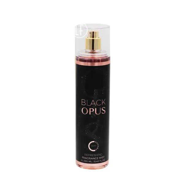 Brume corporelle Black Opus pour femme, 250 ml. Flacon noir élégant avec un bouchon transparent et un pulvérisateur doré.