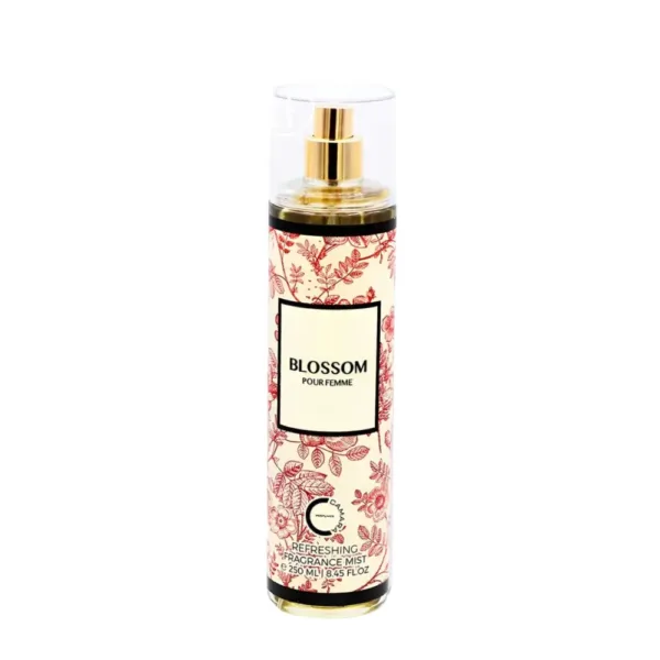 Flacon de brume corporelle Blossom pour femme de 250 ml, avec un design floral rouge et un bouchon transparent doré.