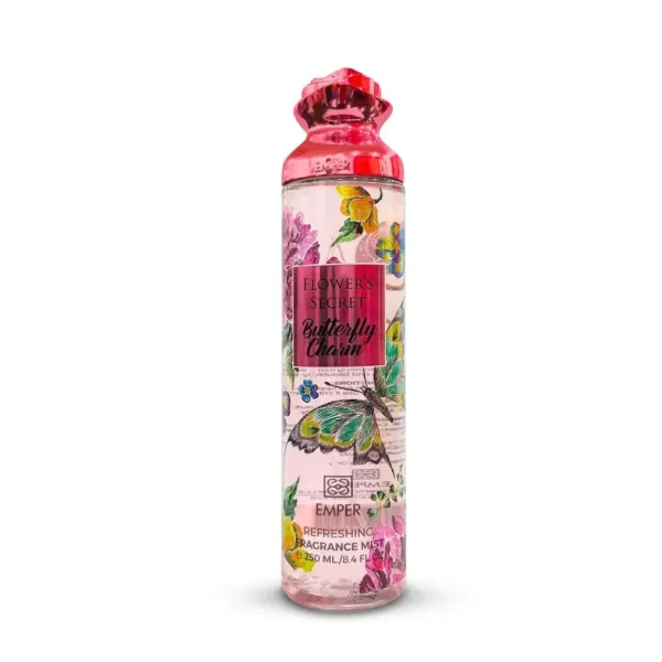 Brume corporelle Flower's Secret Butterfly Charm 250 ml avec un design floral et des papillons colorés.