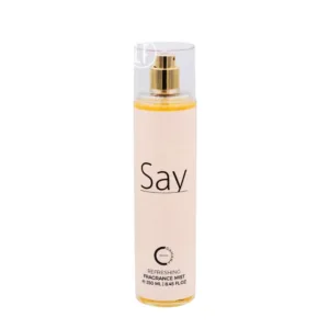 Brume corporelle "Say" pour femme, 250 ml. Flacon transparent avec bouchon doré, étiquette beige avec texte noir.