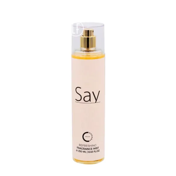 Brume corporelle "Say" pour femme, 250 ml. Flacon transparent avec bouchon doré, étiquette beige avec texte noir.