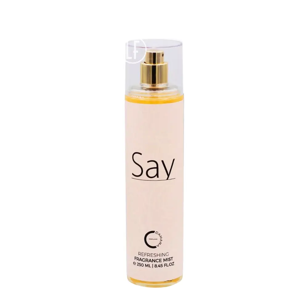 Brume corporelle "Say" pour femme, 250 ml. Flacon transparent avec bouchon doré, étiquette beige avec texte noir.