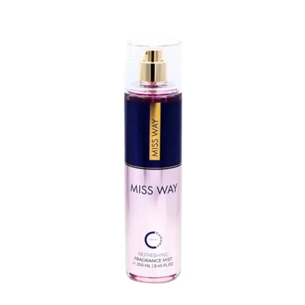 Brume corporelle Miss Way pour femme, flacon de 250 ml. Parfum rafraîchissant, design élégant avec bouchon transparent et étiquette dorée.