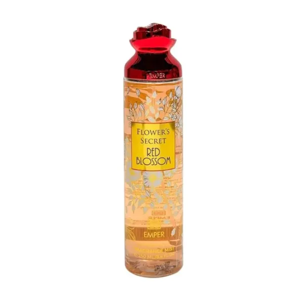 Brume corporelle Flower's Secret Red Blossom 250 ml, flacon transparent avec bouchon rouge, étiquette jaune et motifs floraux.