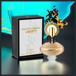 Flacon verre transparent Heaven by Amaran Liberty Eau de Parfum Femme, vaporisateur 100 ml, bouchon doré, design épuré et élégant.
