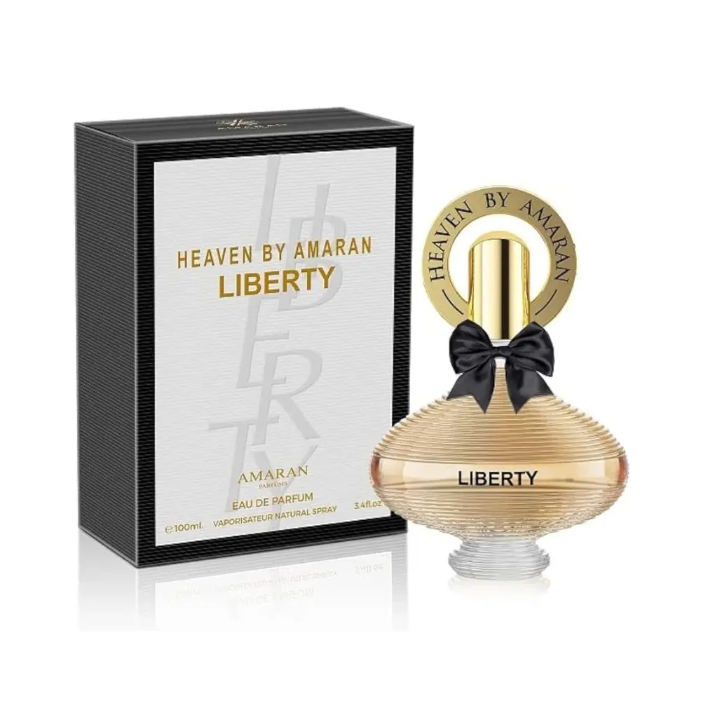 Flacon verre transparent Heaven by Amaran Liberty Eau de Parfum Femme, vaporisateur 100 ml, bouchon doré, design épuré et élégant.