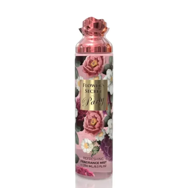 Brume corporelle Flower's Secret Party 250 ml, flacon rose avec motifs floraux, offrant une fragrance rafraîchissante.