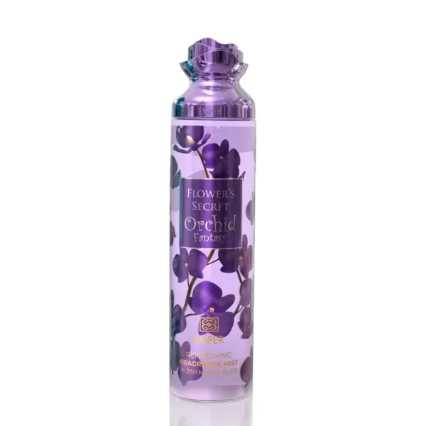 Brume corporelle Flower's Secret Orchid Fantasy 250 ml, flacon violet avec motifs floraux, parfum rafraîchissant