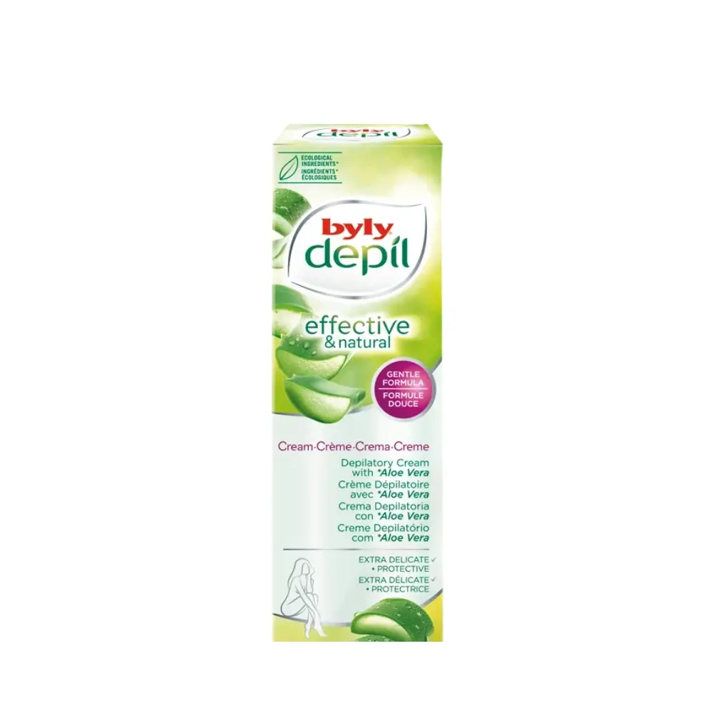 Crème dépilatoire Byly Depil 100 ml : formule douce à l’Aloe Vera, ingrédients écologiques, action rapide et peau protégée.