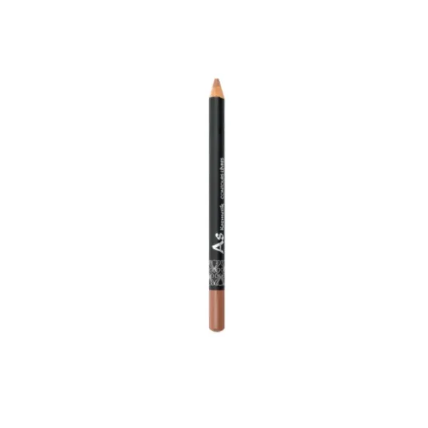 Crayon à lèvres marron AS Cosmetic, corps noir avec texte blanc "AS Cosmetic CRAYONS LÈVRES", embout marron et motif argenté