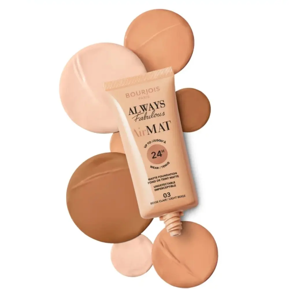 Fond de teint Air Mat Always Fabulous Bourjois, texture légère, couvrance modulable, fini mat, teint impeccable.