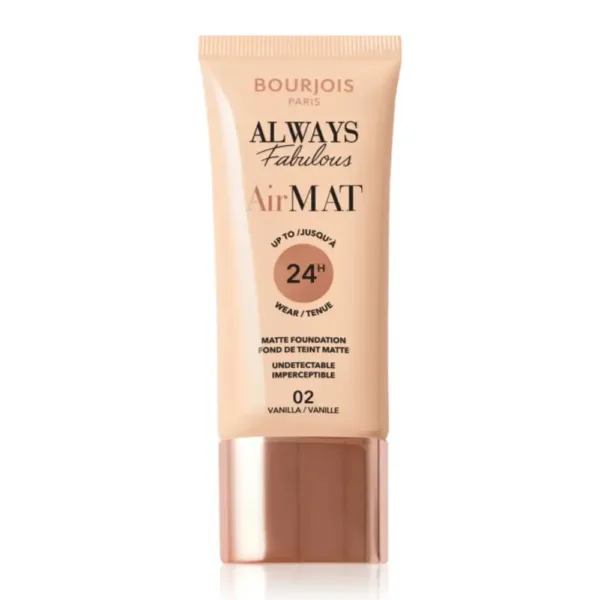Fond de teint Bourjois Air Mat Always Fabulous, couvrance parfaite, fini mat longue durée, pour une peau unifiée et éclatante.
