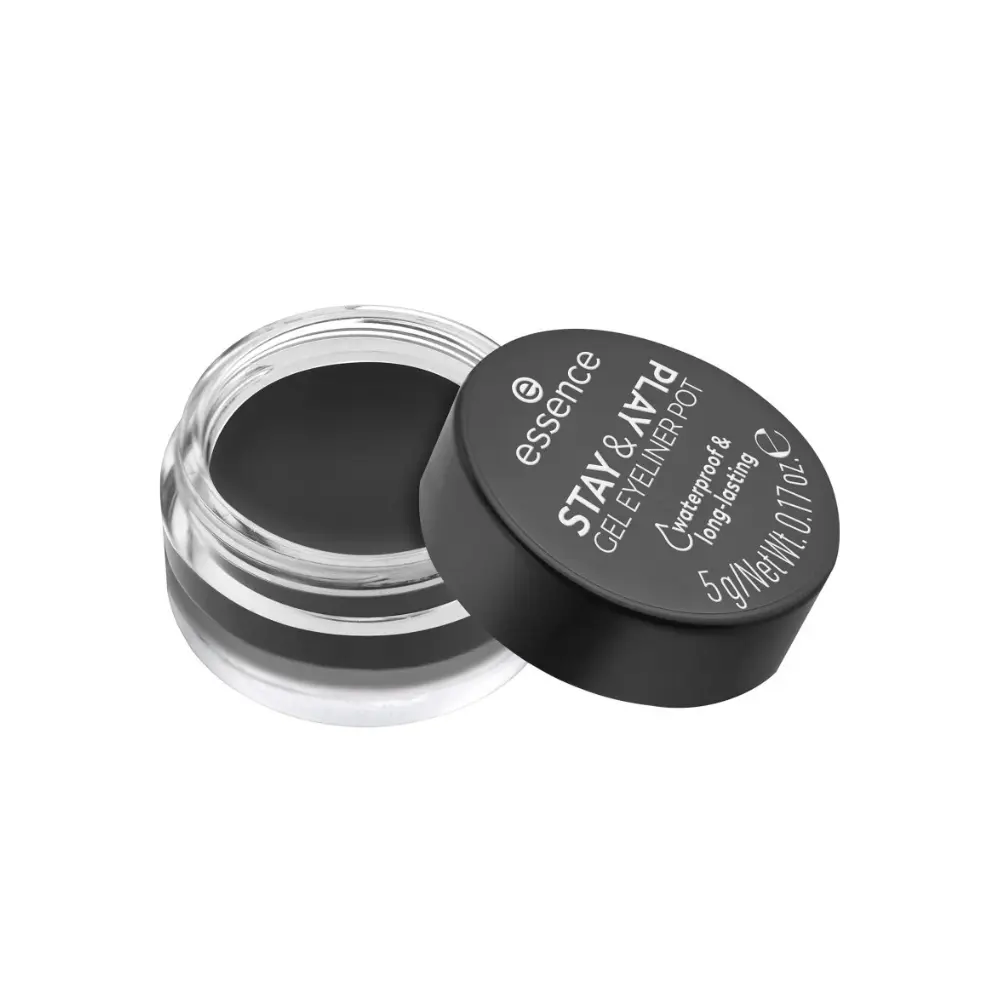 Eyeliner Gel Waterproof Essence 01 Black, noir intense, longue tenue, application fluide et précision extrême pour un regard captivant.