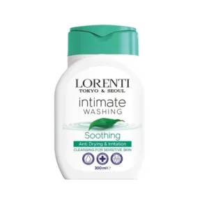 Flacon de gel intime apaisant Lorenti 300 ml sur fond blanc, avec feuille verte et goutte symbolisant fraîcheur et douceur.