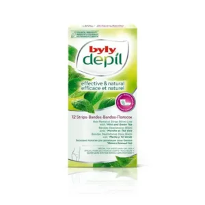 Byly Depil bandes bikini à la menthe & thé vert, 12 pièces, pour une épilation douce, naturelle et rafraîchissante.